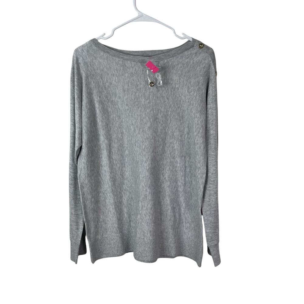 Lilly Pulitzer Milton Sweater Knit Pullover Gold Button Sleeves Size Medium Gray